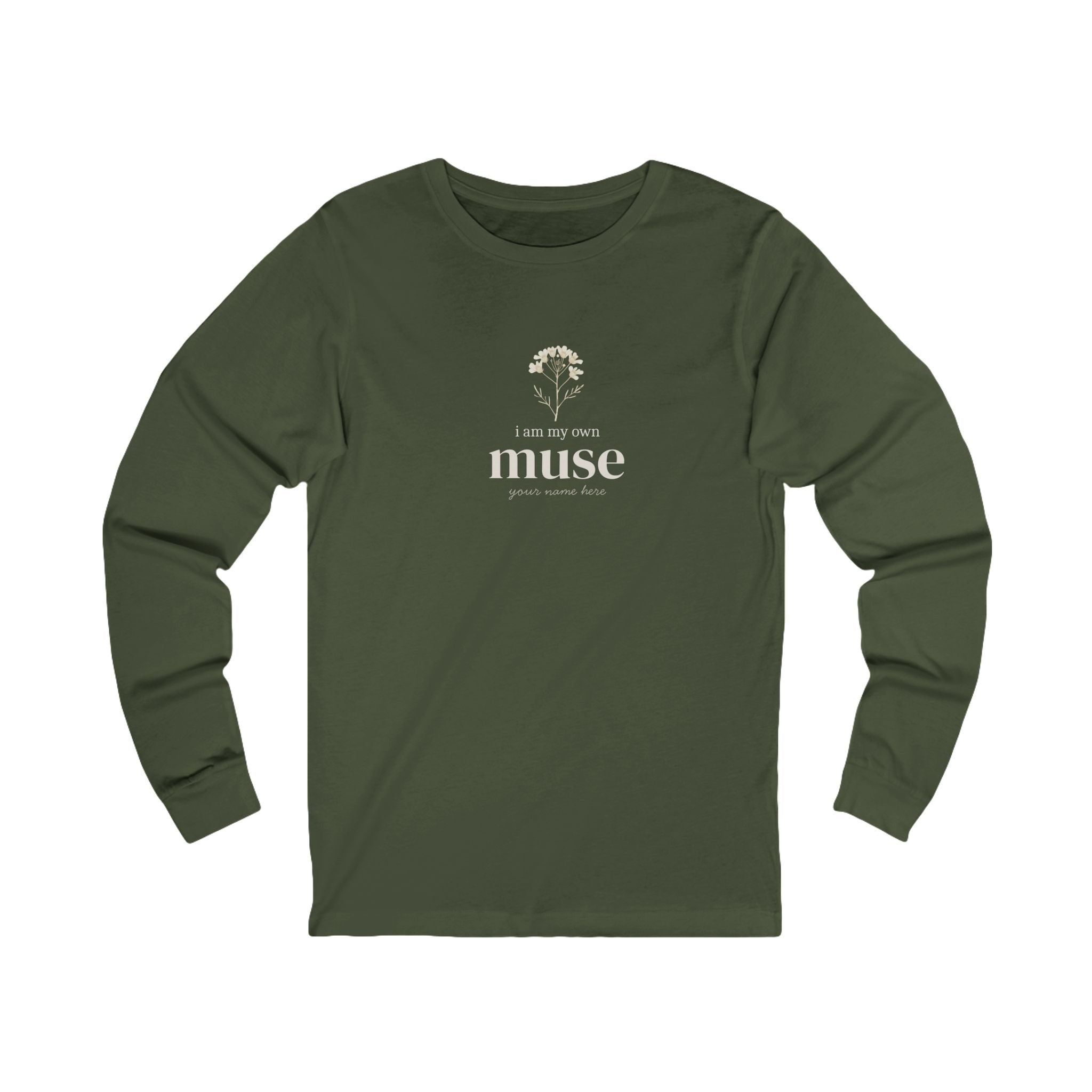 Military green long sleeve T-shirt with 'muse' slogan and tree logo on the front