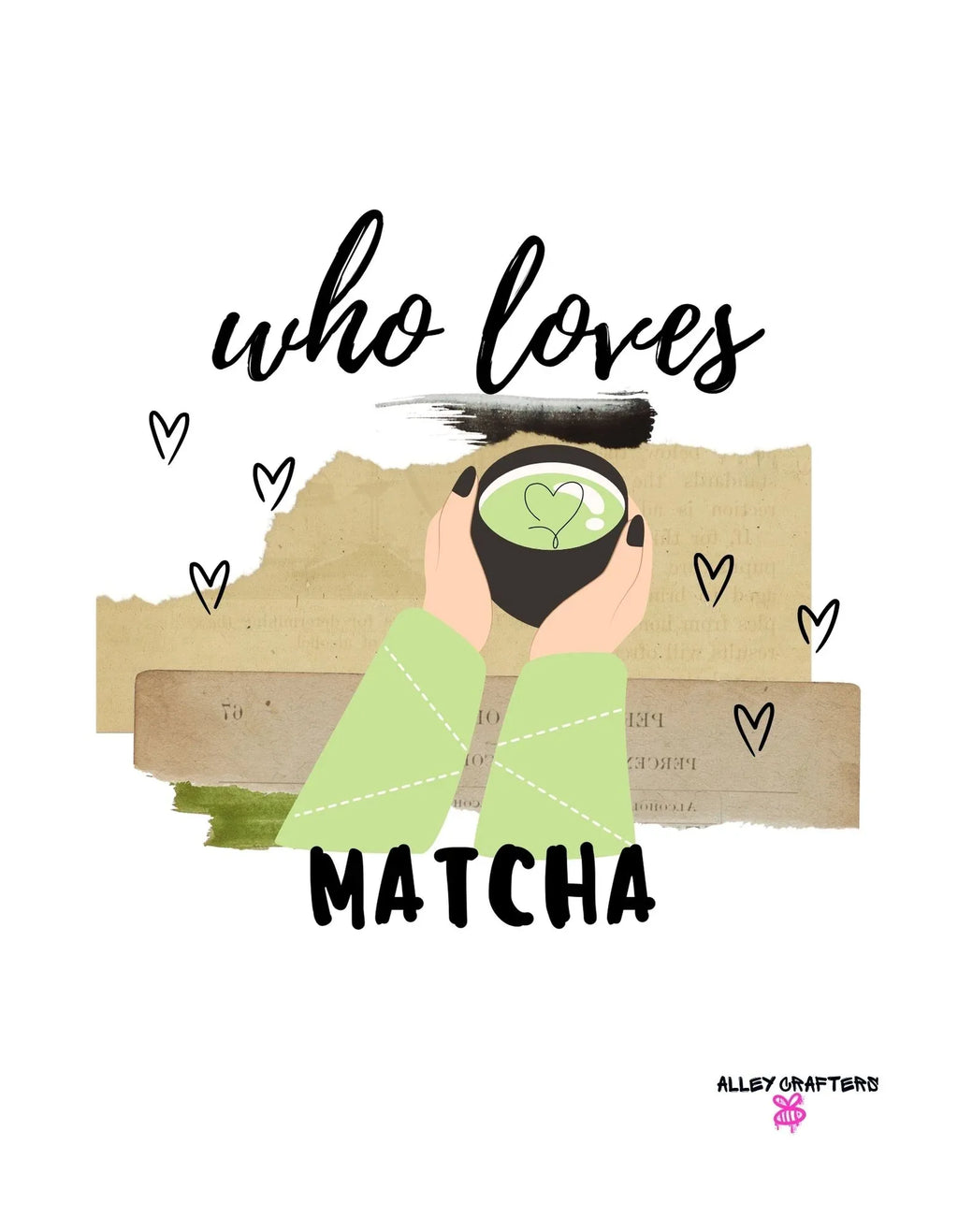 White tote bag front panel with “who loves” script and “MATCHA” illustration.