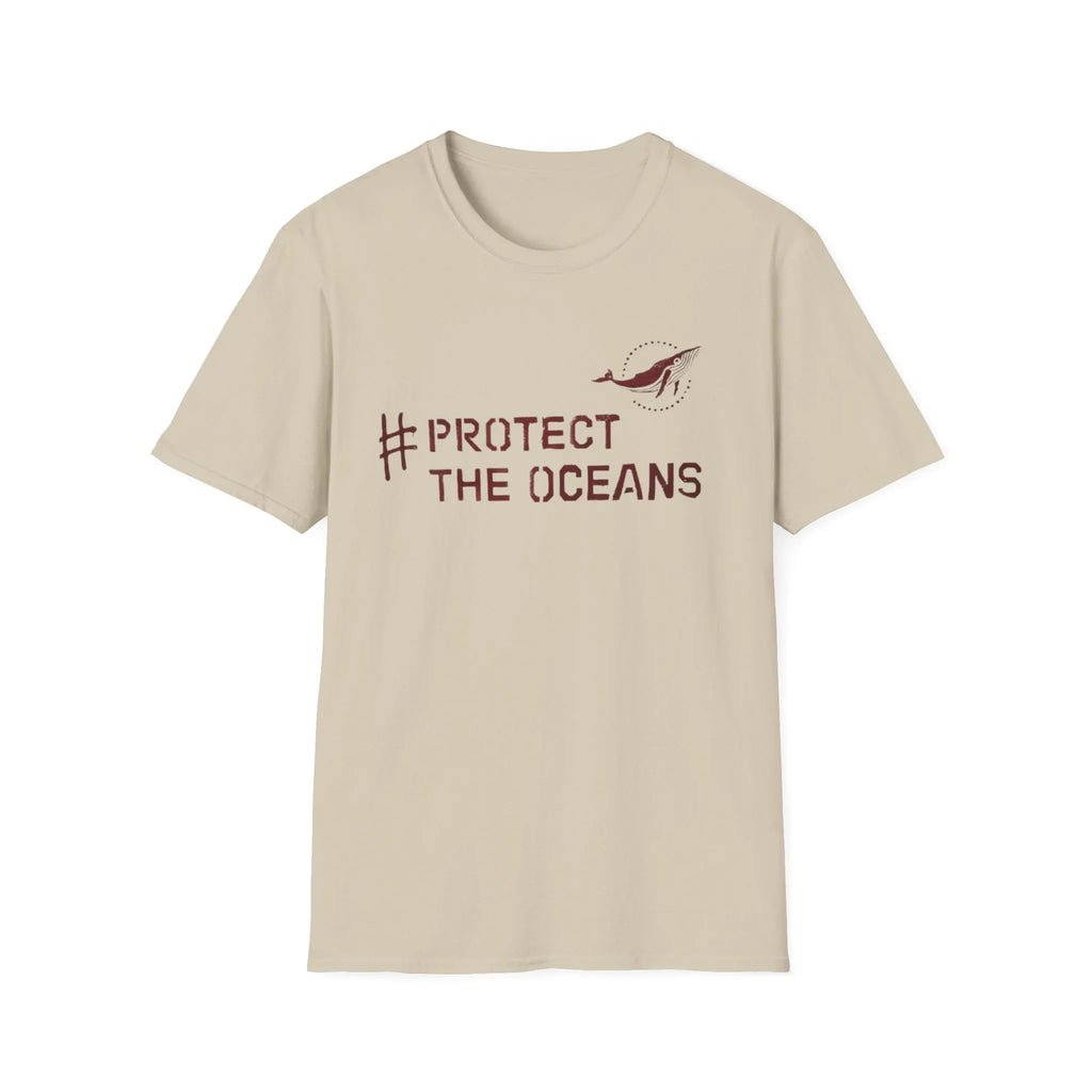 Sand T-shirt with #PROTECT THE OCEANS text and bird graphic on chest