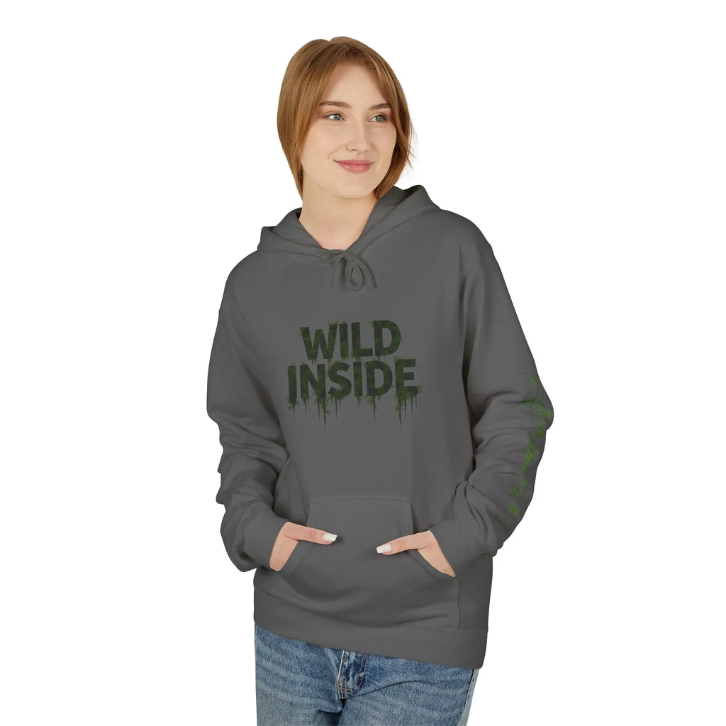 Charcoal hoodie pullover with green "WILD INSIDE" graphic on the chest