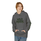Charcoal hoodie pullover with green "WILD INSIDE" graphic on the chest
