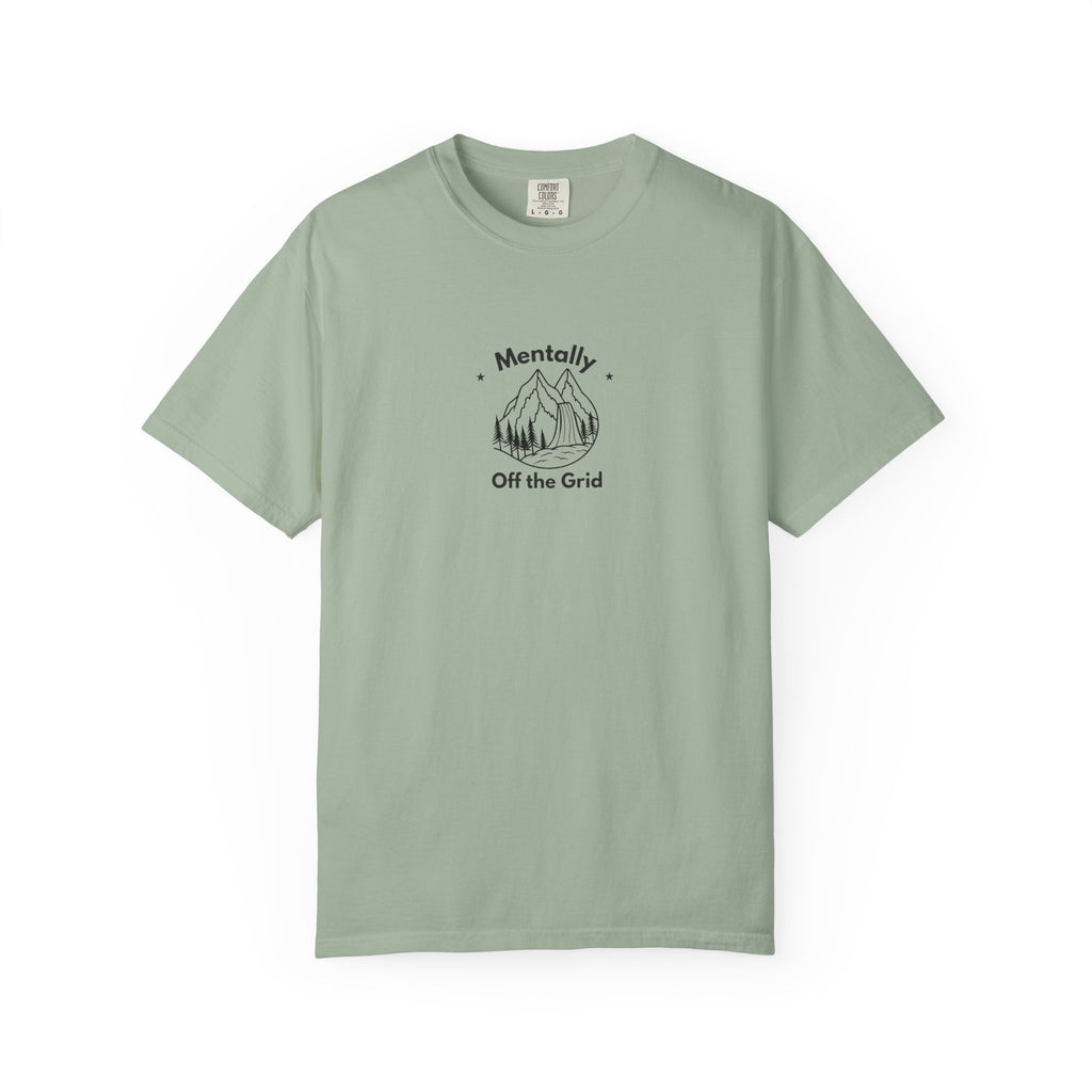 Light green t-shirt with Mentally Off the Grid mountain graphic