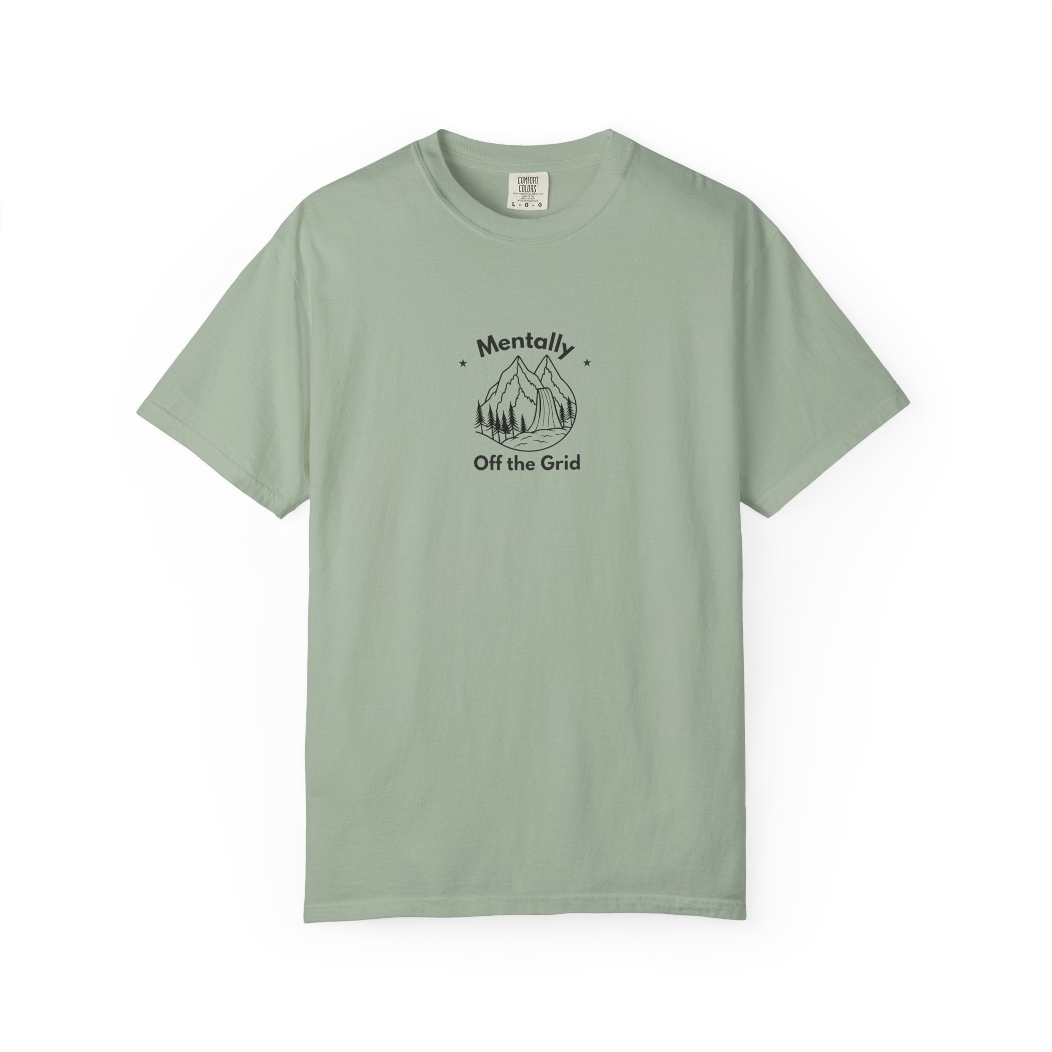 Light green t-shirt with Mentally Off the Grid mountain graphic