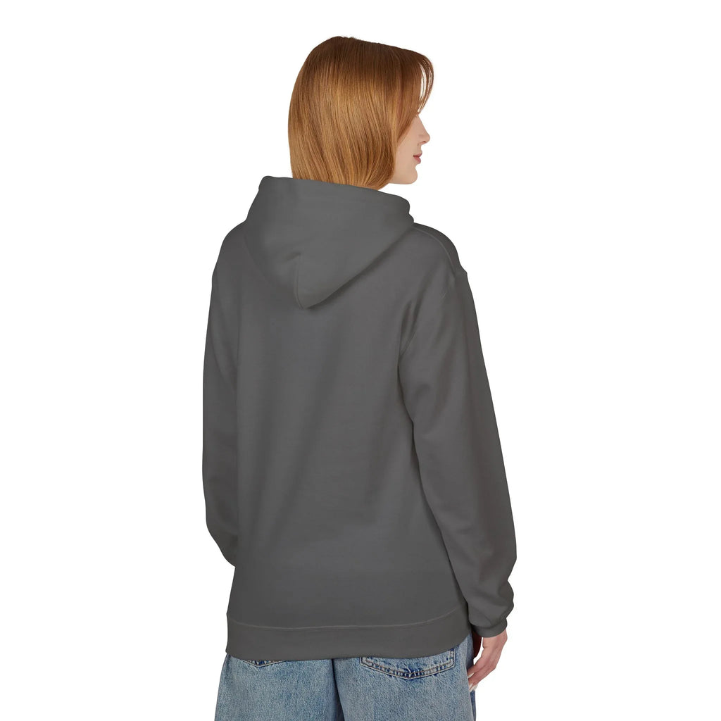 Charcoal Roots hoodie, back view with hood and kangaroo pocket seams