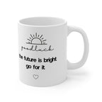 White coffee mug with "good luck" and "the future is bright go for it" with heart