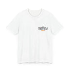 White unisex t-shirt with small “Teaching is a work of heart” text logo