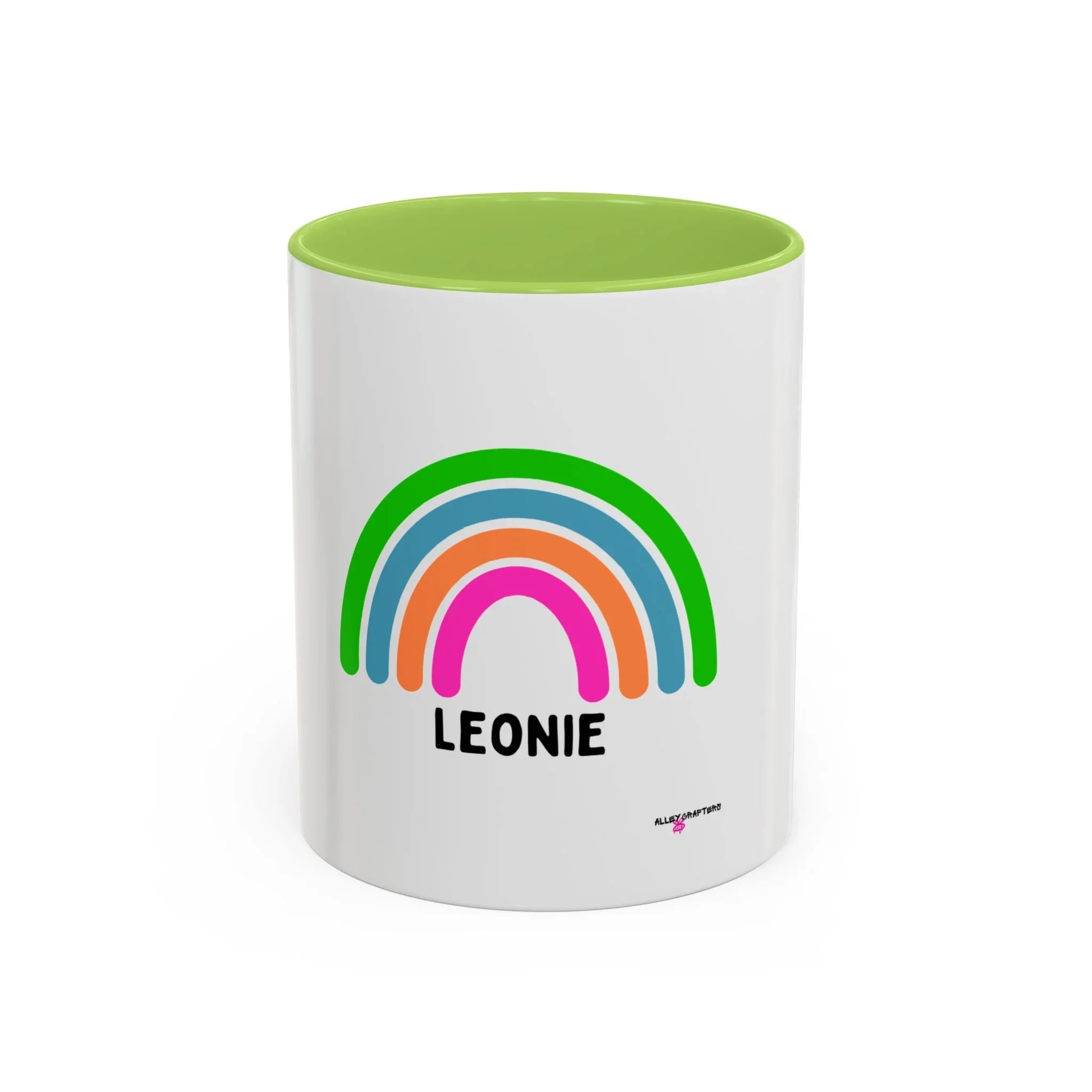 Personalised rainbow mug with LEONIE name, white body with light green rim and rainbow graphic