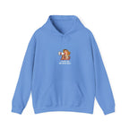 Light blue hooded sweatshirt with front pocket and chest graphic design