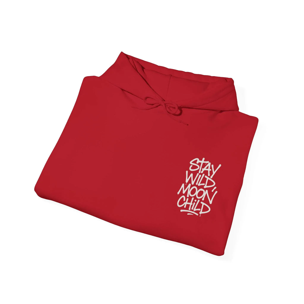 Red child pullover hoodie with white 'Stay Wild Moon Child' logo