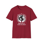 Cardinal red crewneck T-shirt with white globe and leaf “Protect Our Planet” print