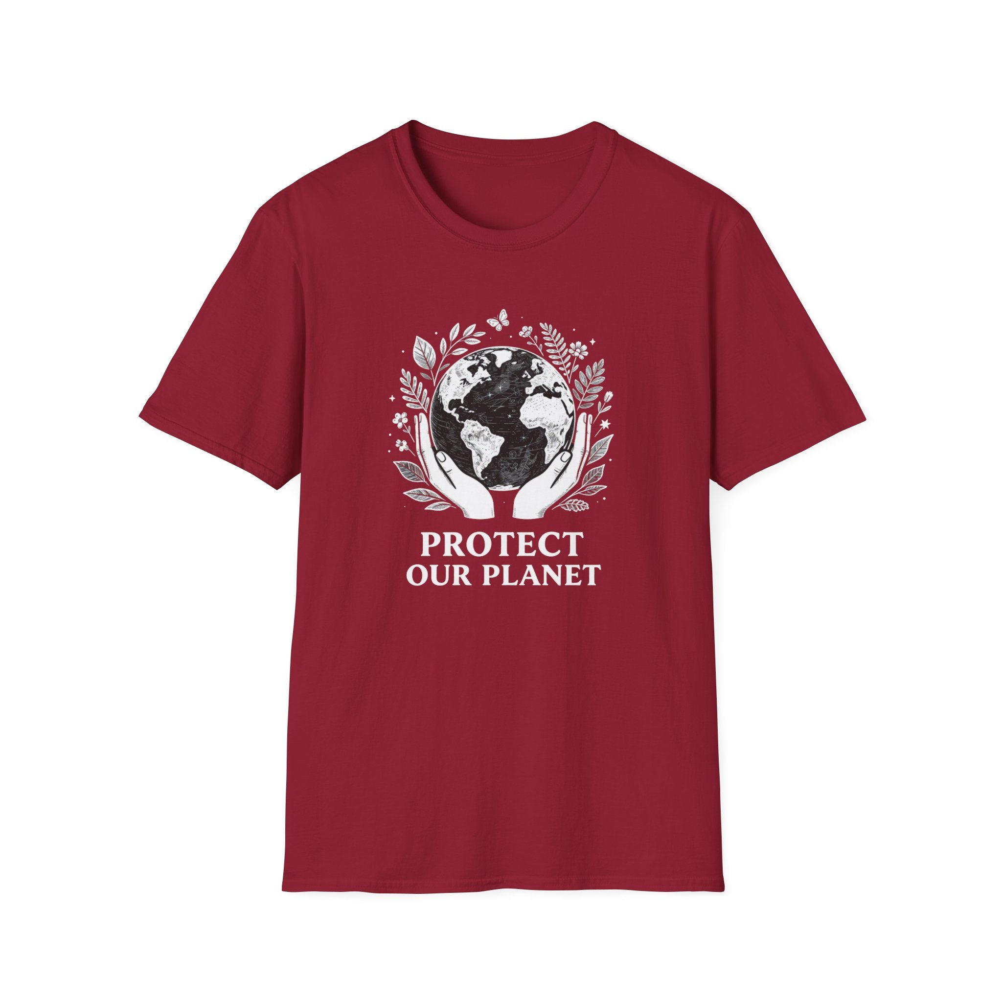 Cardinal red crewneck T-shirt with white globe and leaf “Protect Our Planet” print
