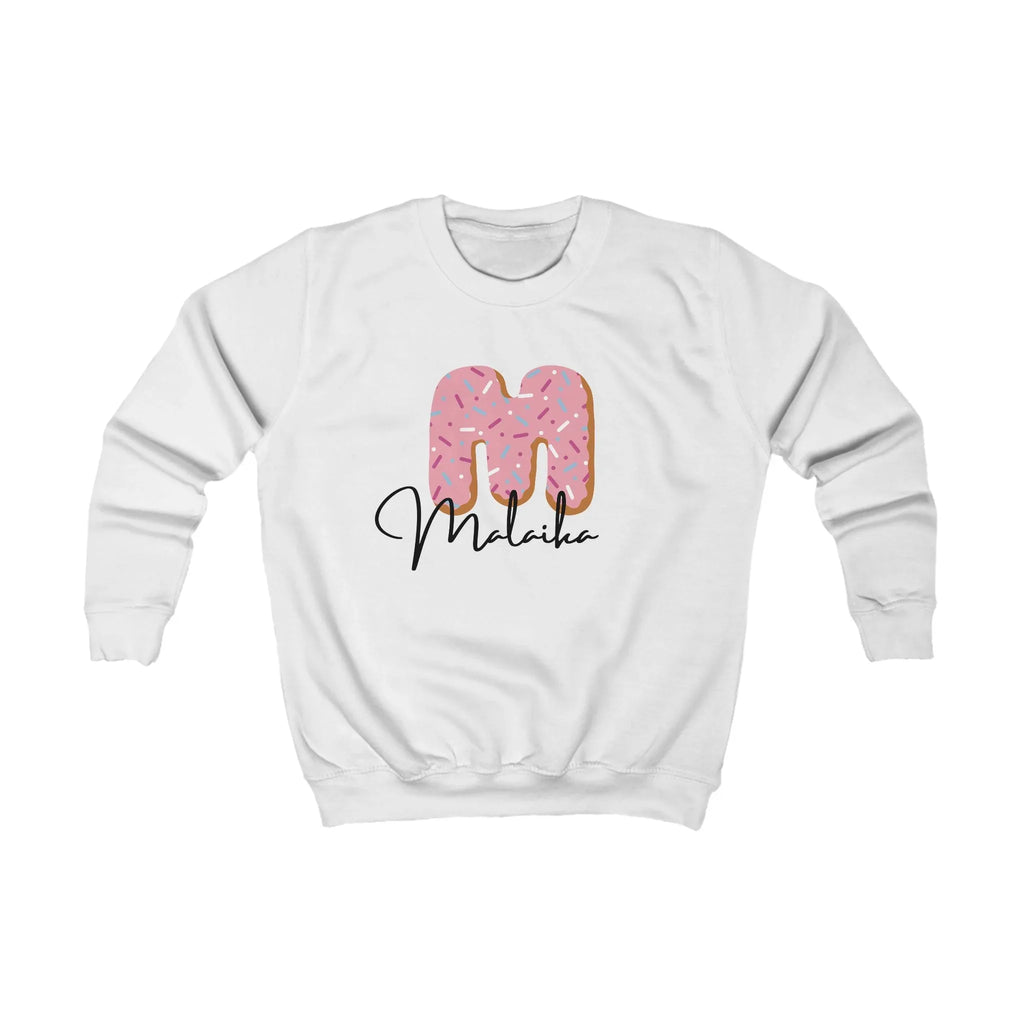 Kids white crew sweatshirt with pink donut number graphic and Malakai text
