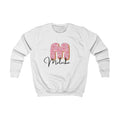 Kids white crew sweatshirt with pink donut number graphic and Malakai text