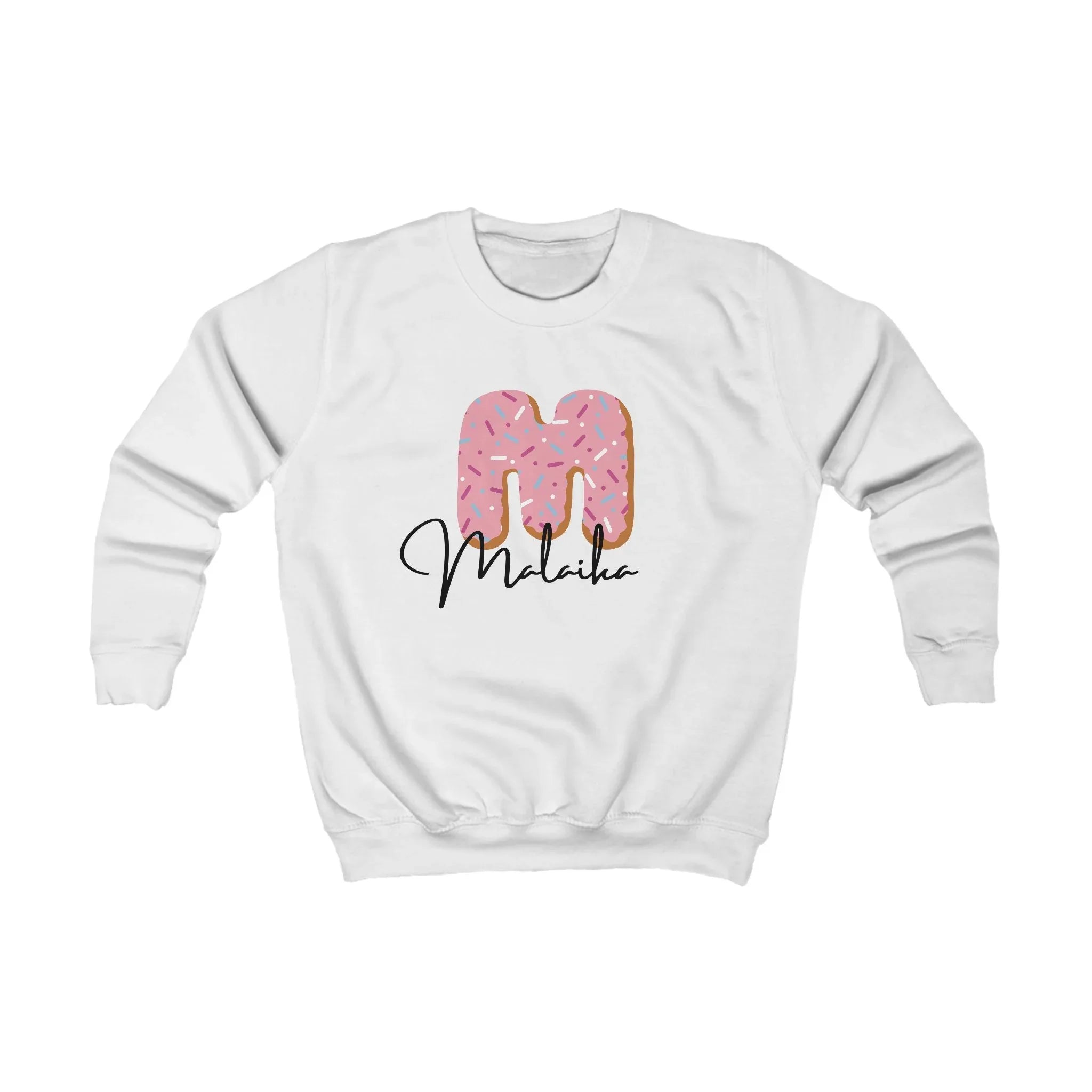 Kids white crew sweatshirt with pink donut number graphic and Malakai text