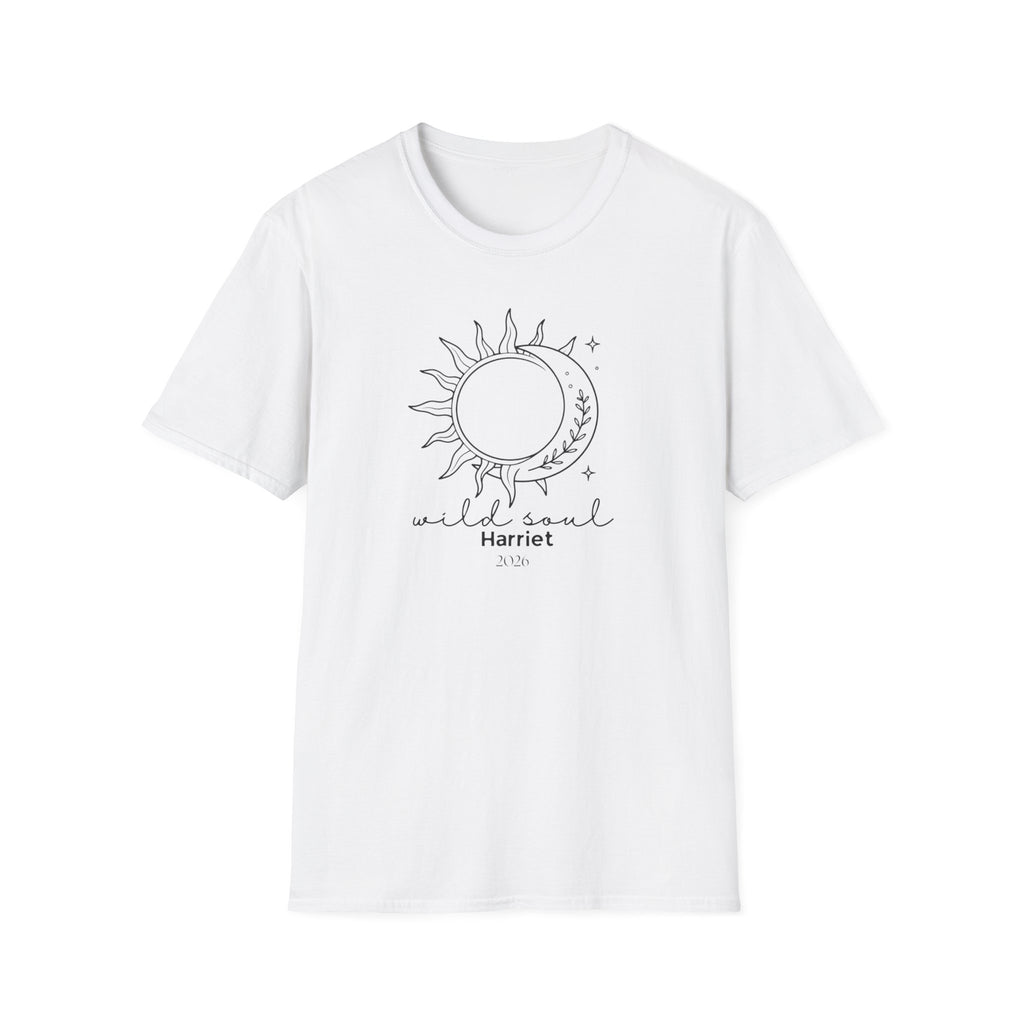 White graphic T-shirt with sun/moon emblem and 'wild soul Harriet' print