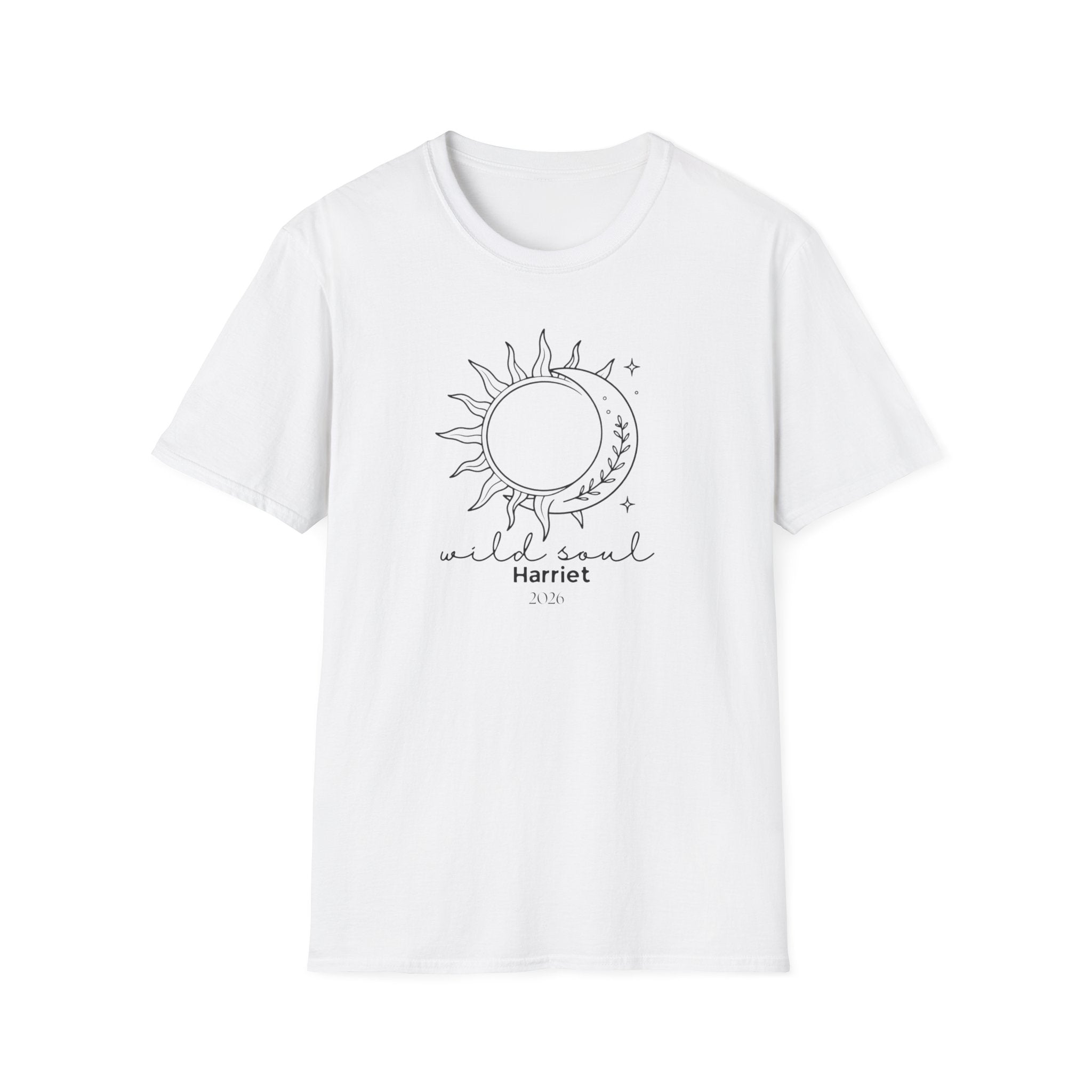 White graphic T-shirt with sun/moon emblem and 'wild soul Harriet' print