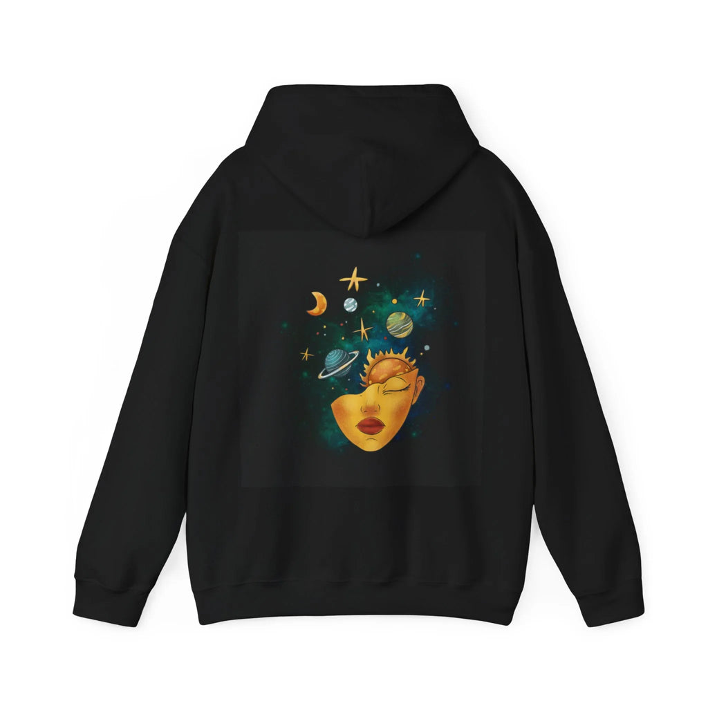 Black hoodie with hood, back view showing space face graphic print