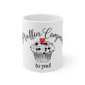 White ceramic mug with black muffin graphic, red heart, and “to you!” text