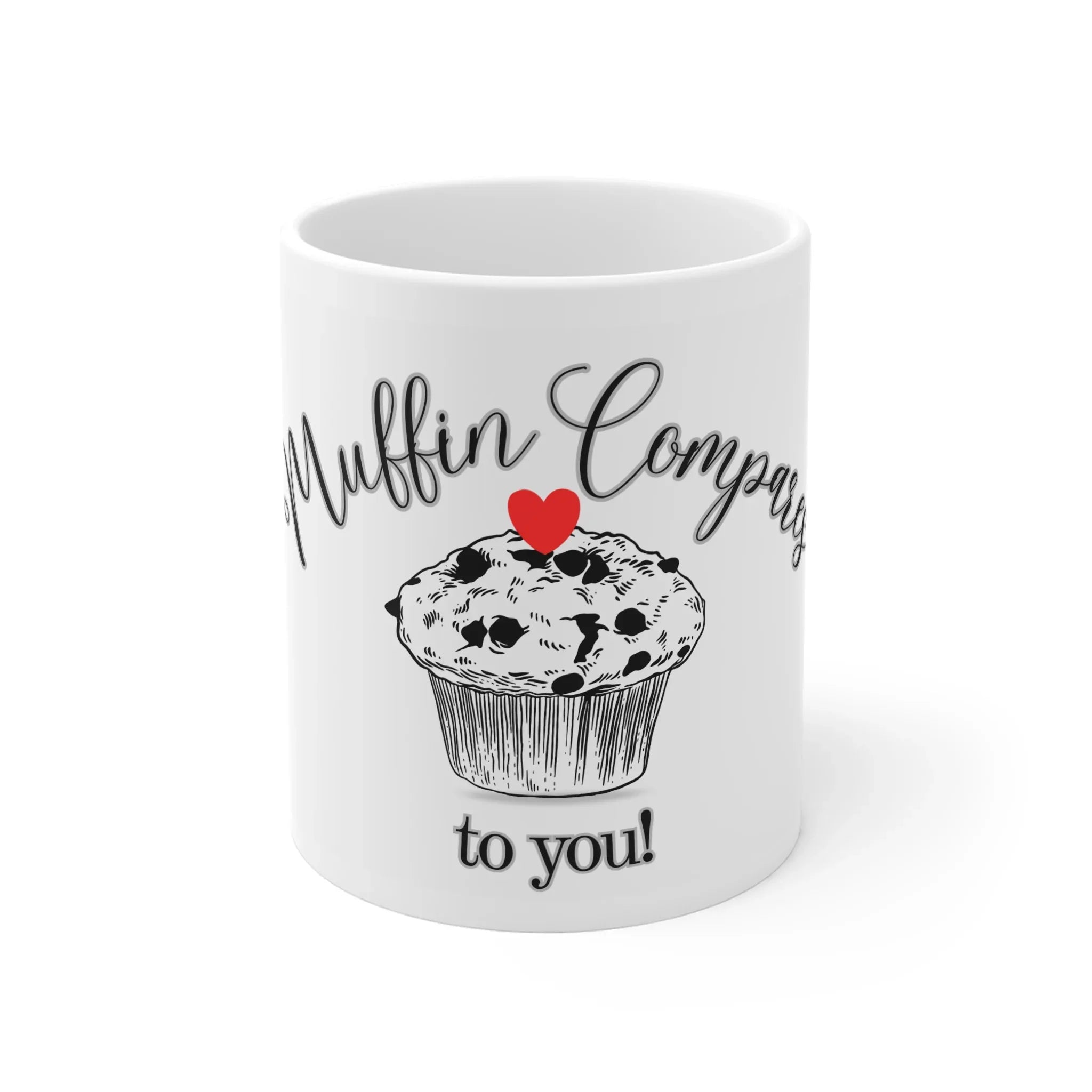 White ceramic mug with black muffin graphic, red heart, and “to you!” text