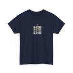 Personalised name stack T-shirt, navy, stacked 'KATIE' text