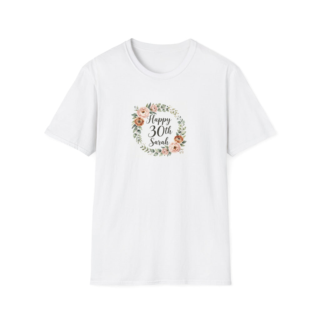 White t-shirt front with floral badge 'Happy 30th Sarah'.