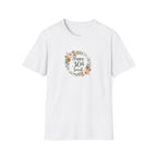 White t-shirt front with floral badge 'Happy 30th Sarah'.