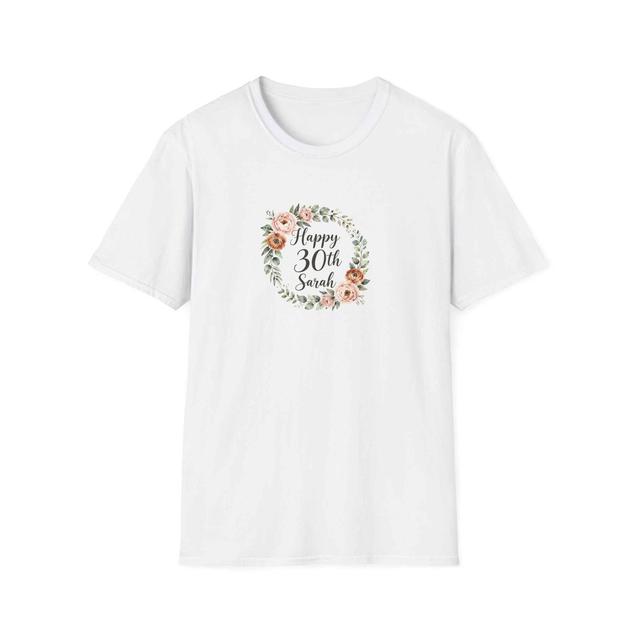 White t-shirt front with floral badge 'Happy 30th Sarah'.