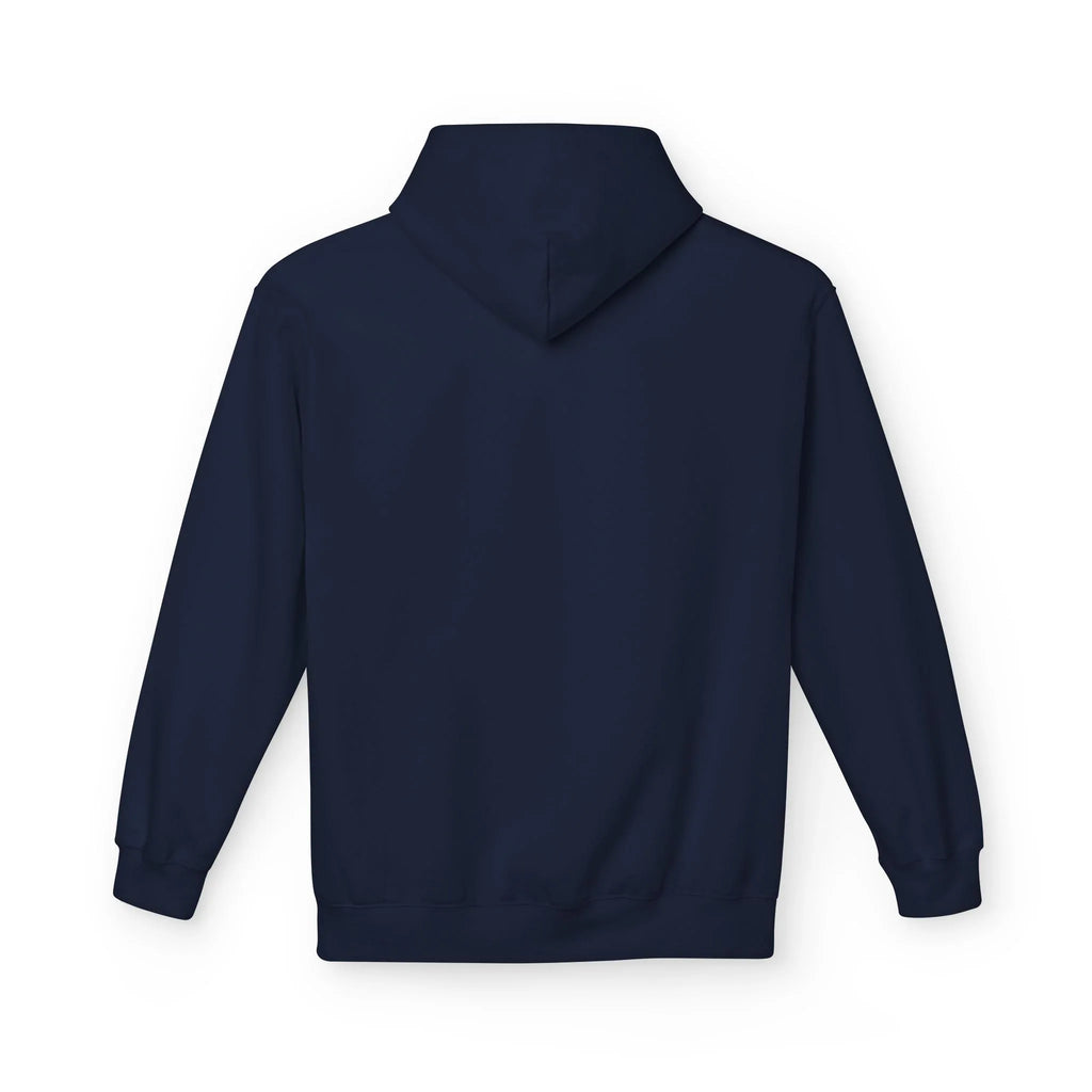 Navy hoodie with hood, plain back view