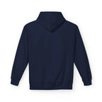 Navy hoodie with hood, plain back view