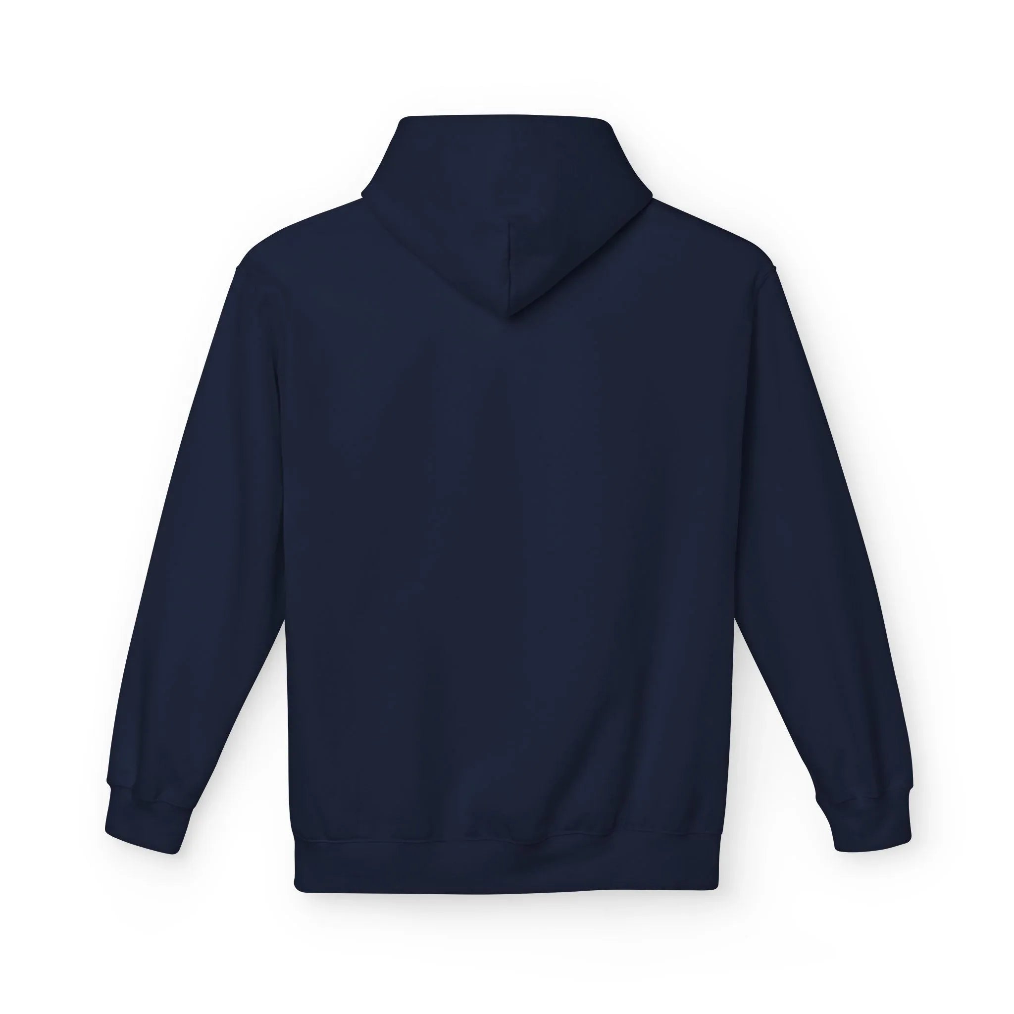 Navy hoodie with hood, plain back view