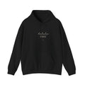 Black hoodie with kangaroo pocket, drawstring hood, and “delulu VIBES” print