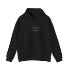 Black hoodie with kangaroo pocket, drawstring hood, and “delulu VIBES” print