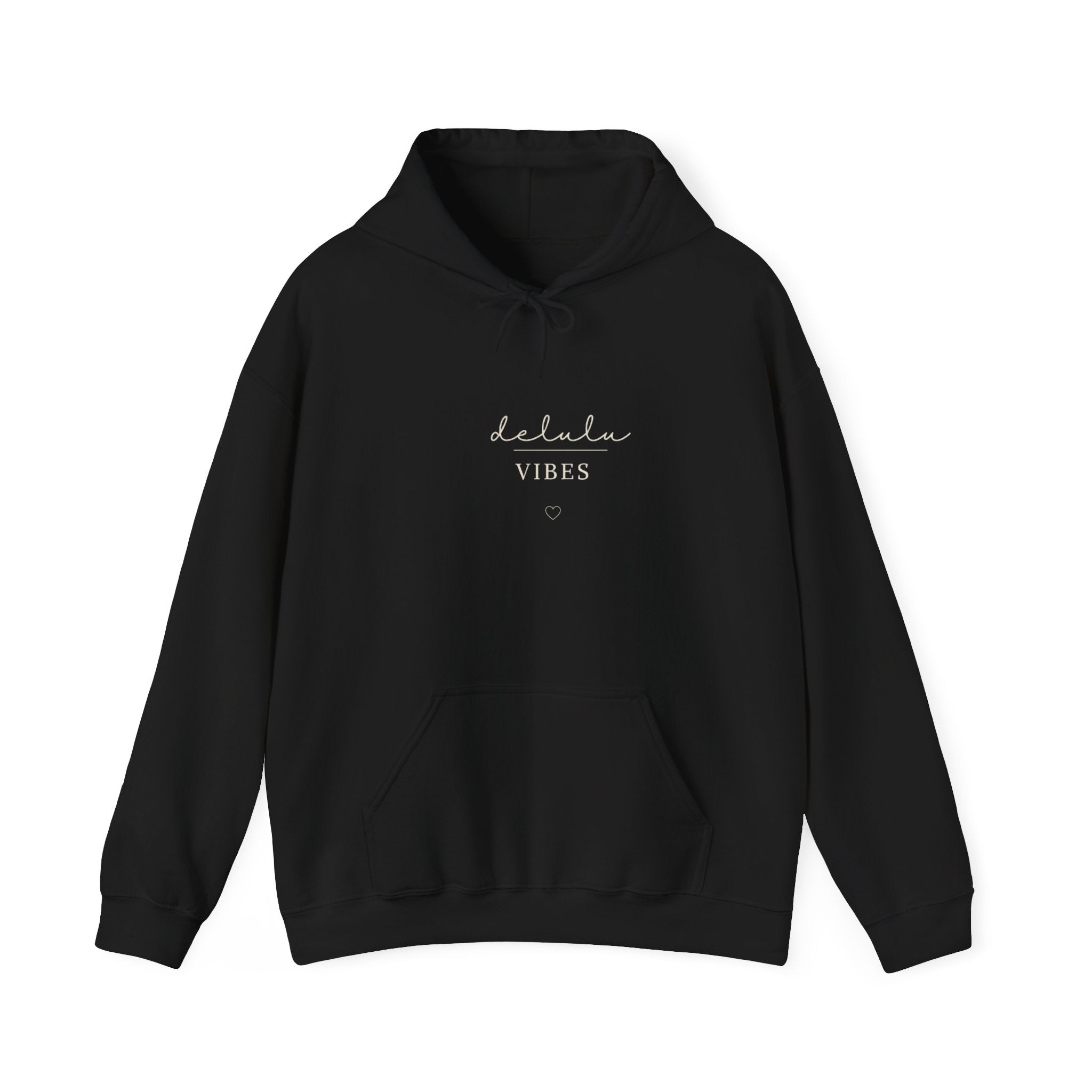 Black hoodie with kangaroo pocket, drawstring hood, and “delulu VIBES” print