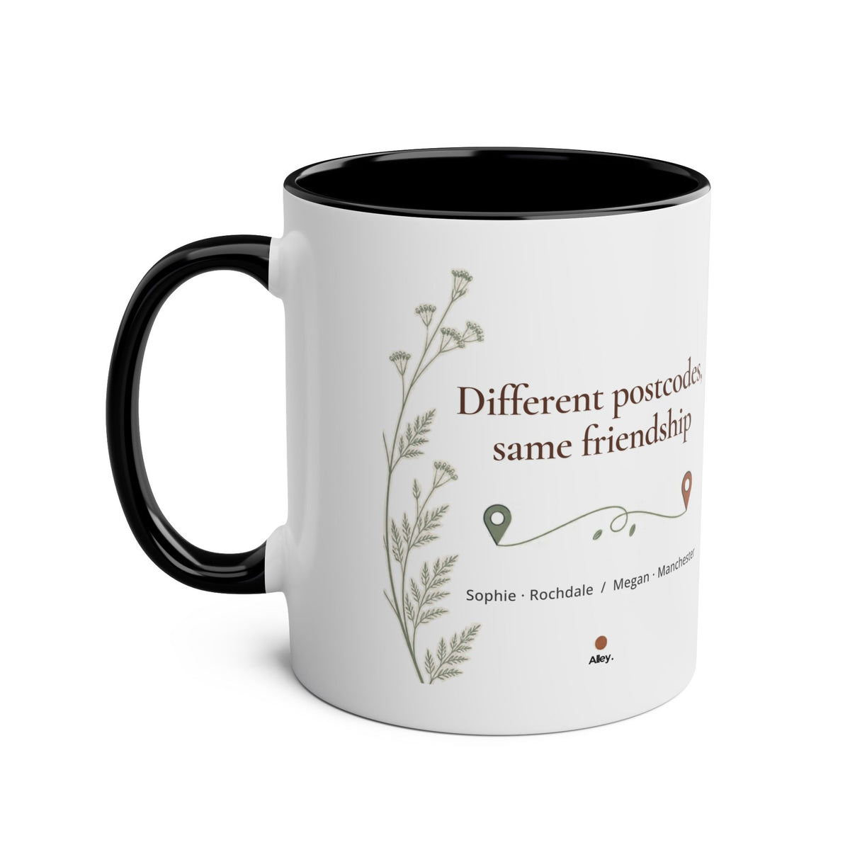 Personalised Long Distance Friendship Mug – Different Postcodes - #AlleyCrafters