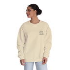 Cream crewneck sweatshirt with chest logo, worn