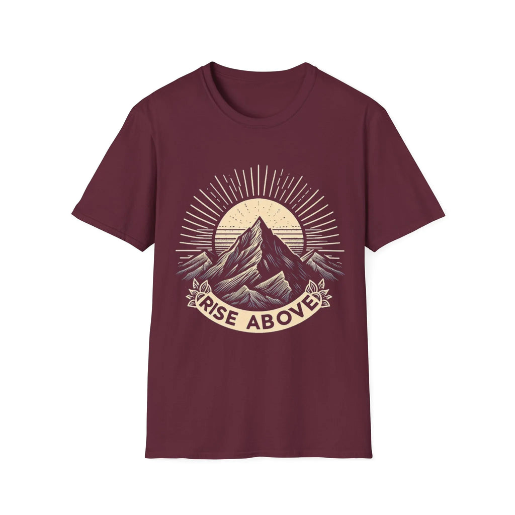 Maroon short-sleeve T-shirt with mountain sunrise “RISE ABOVE” graphic