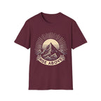Maroon short-sleeve T-shirt with mountain sunrise “RISE ABOVE” graphic
