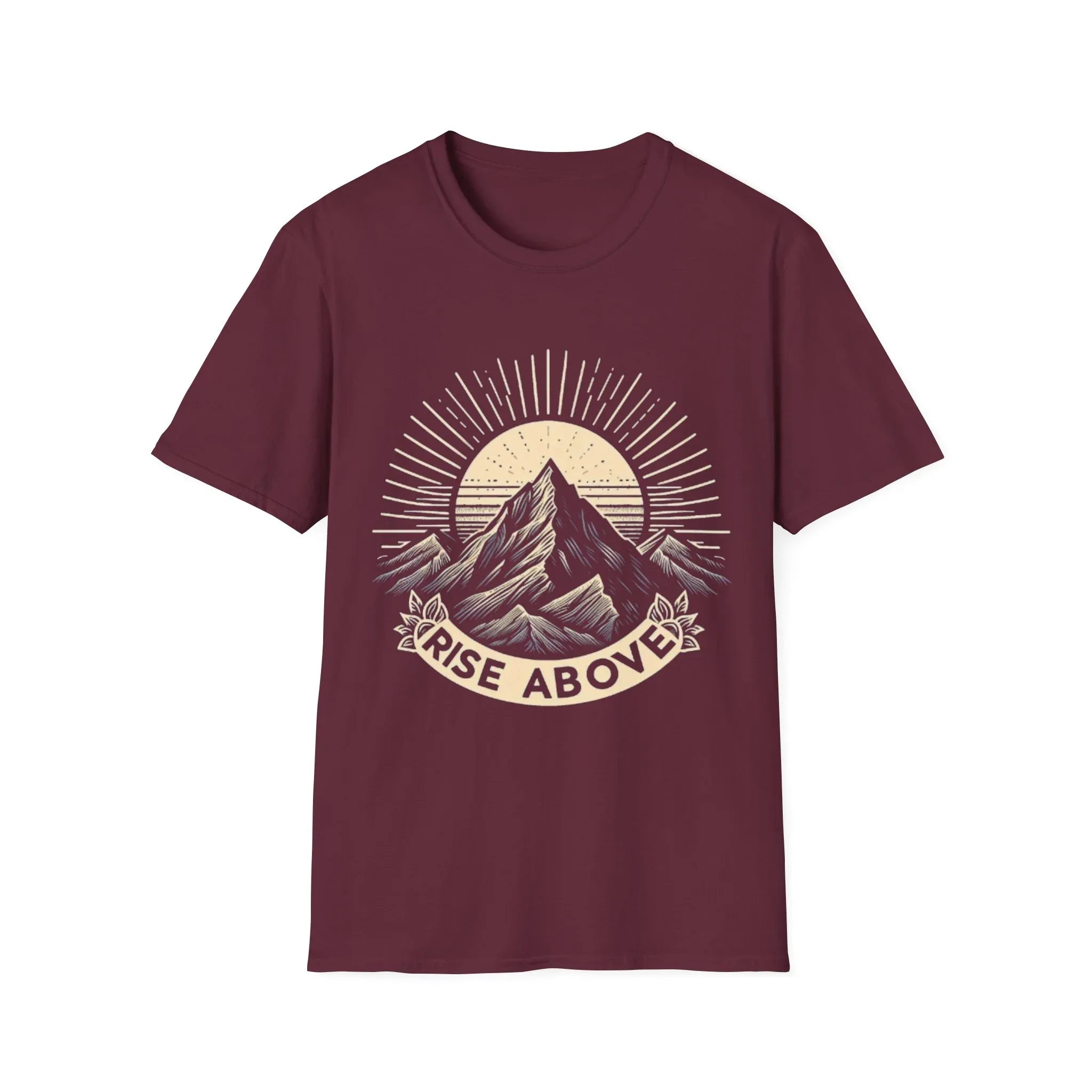 Maroon short-sleeve T-shirt with mountain sunrise “RISE ABOVE” graphic
