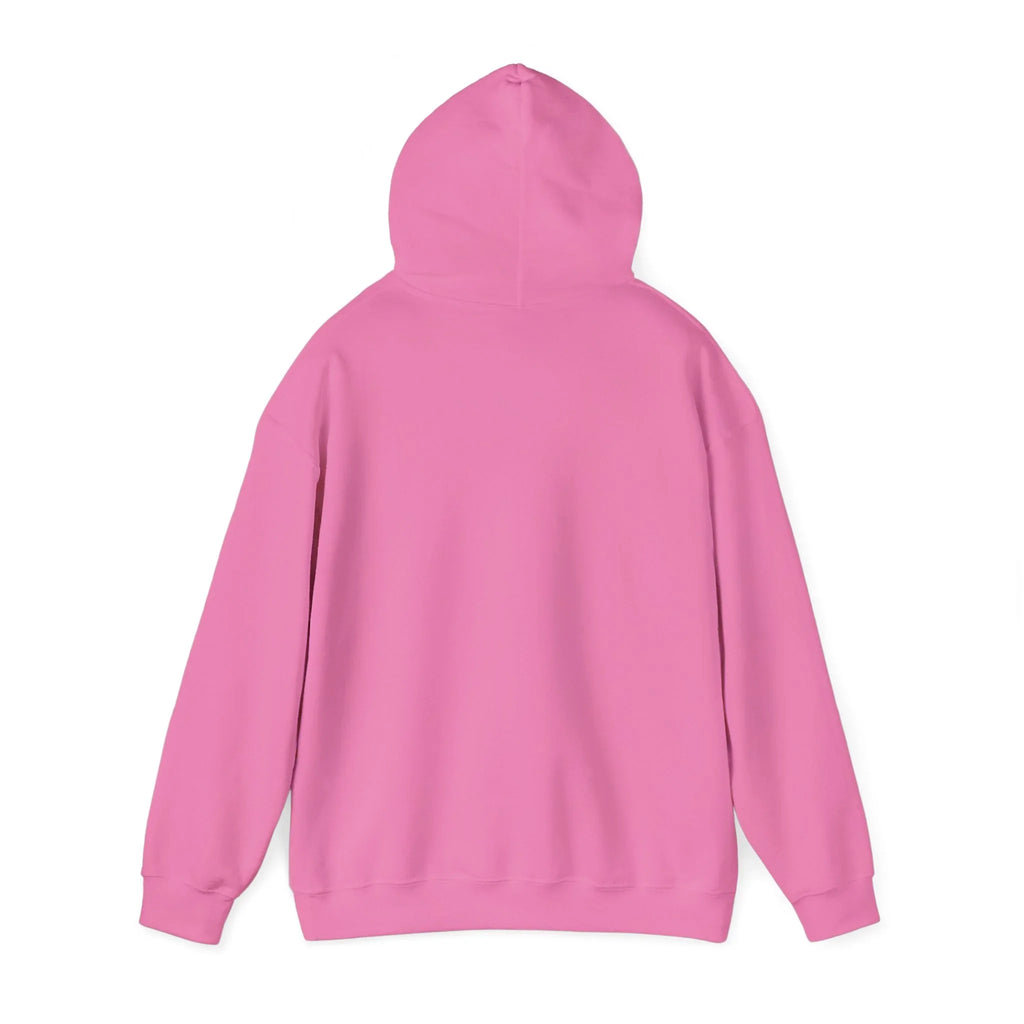 Pink hooded sweatshirt with back view, long sleeves, and kangaroo pocket