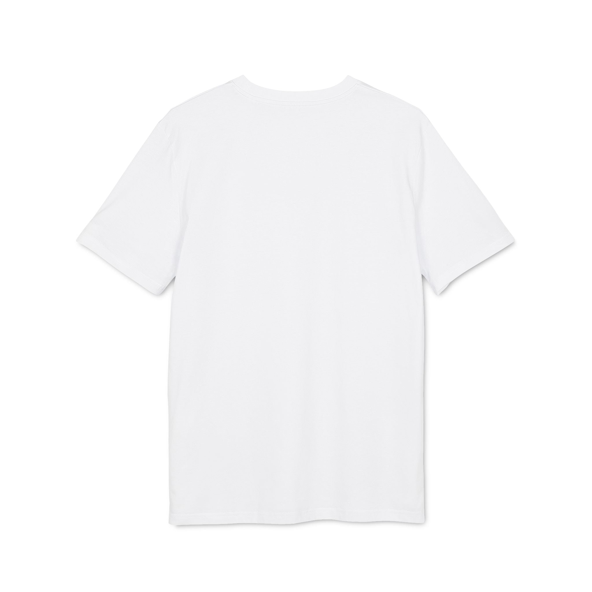 White t-shirt back view, plain fabric with short sleeves
