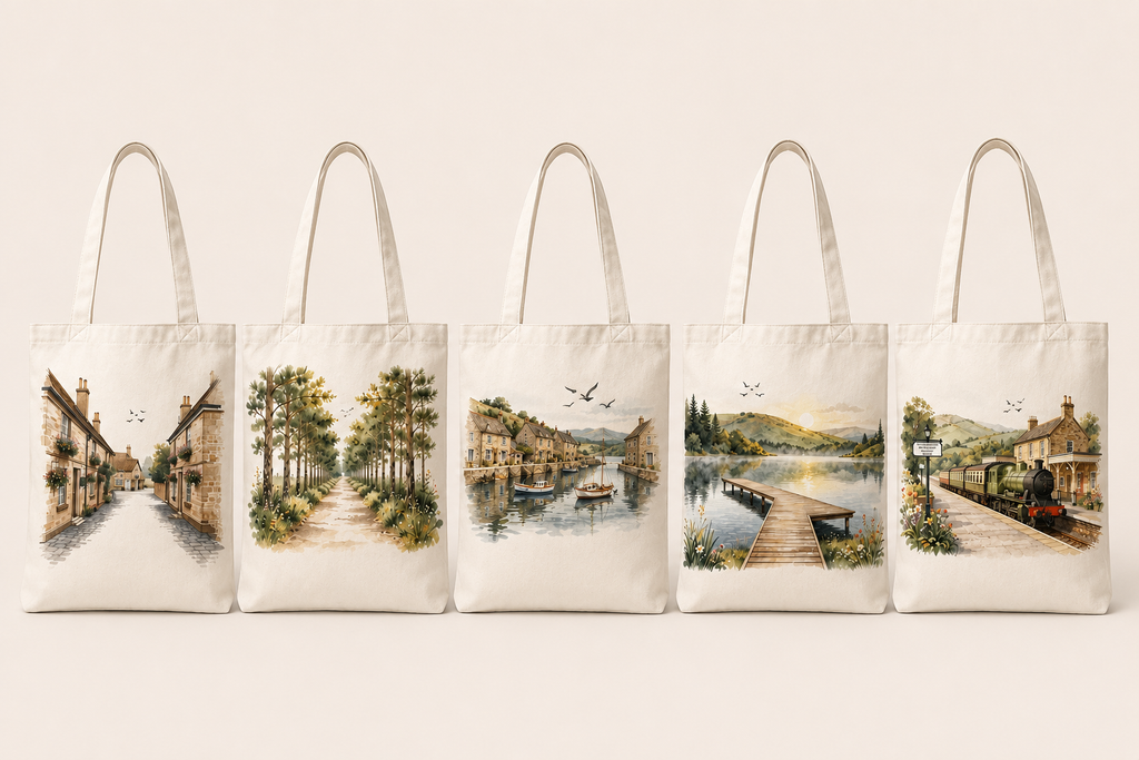 Five personalised white family tote bags with different illustrated town and countryside scenes