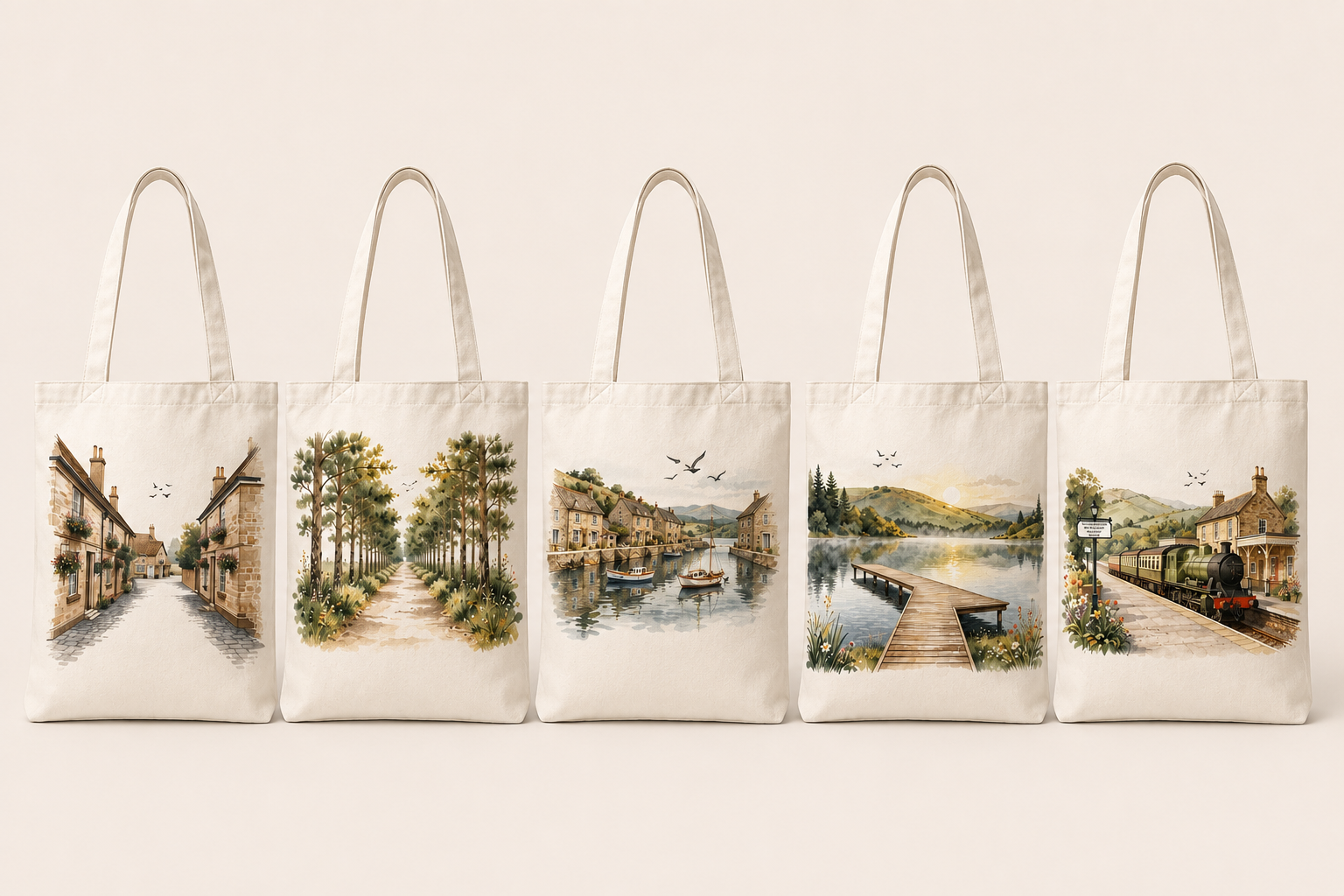 Five personalised white family tote bags with different illustrated town and countryside scenes