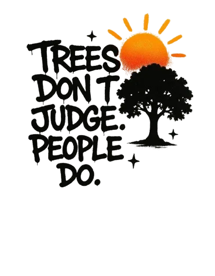 Hoodie graphic print with black tree silhouette and orange sun above the text