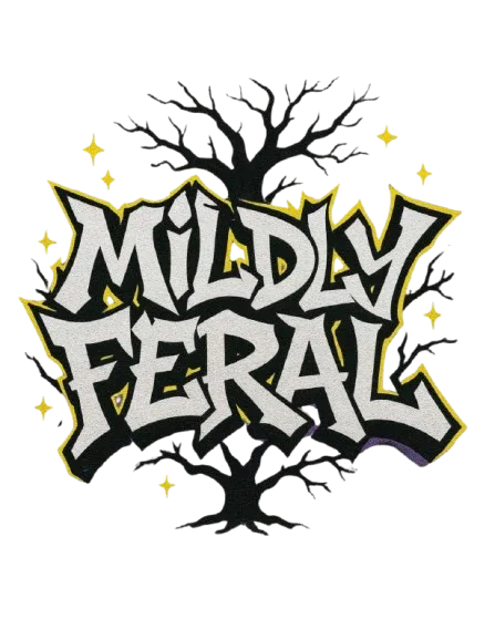 Graphic hoodie front: black and yellow “Mildly Feral” print on a light base