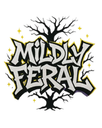 Graphic hoodie front: black and yellow “Mildly Feral” print on a light base