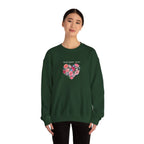 Forest green crewneck sweatshirt on model with “Birthday Girl” text and floral heart