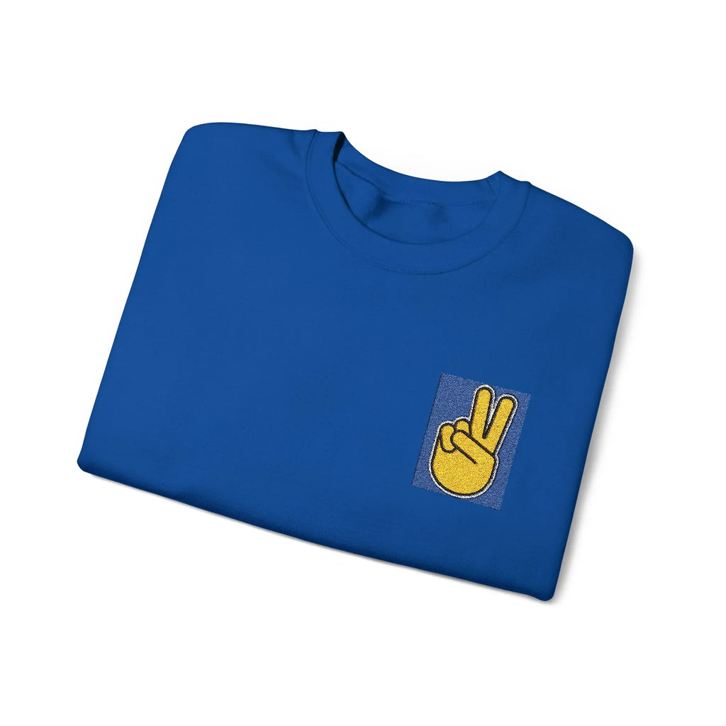 Royal blue crewneck sweatshirt with peace hand embroidery patch on chest.