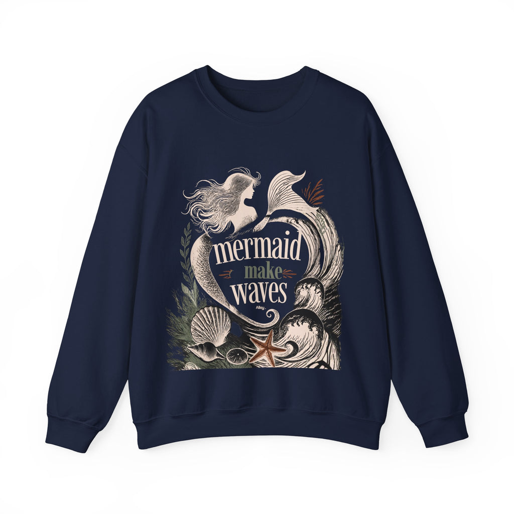 Unisex crewneck sweatshirt in navy with mermaid 'make waves' front graphic