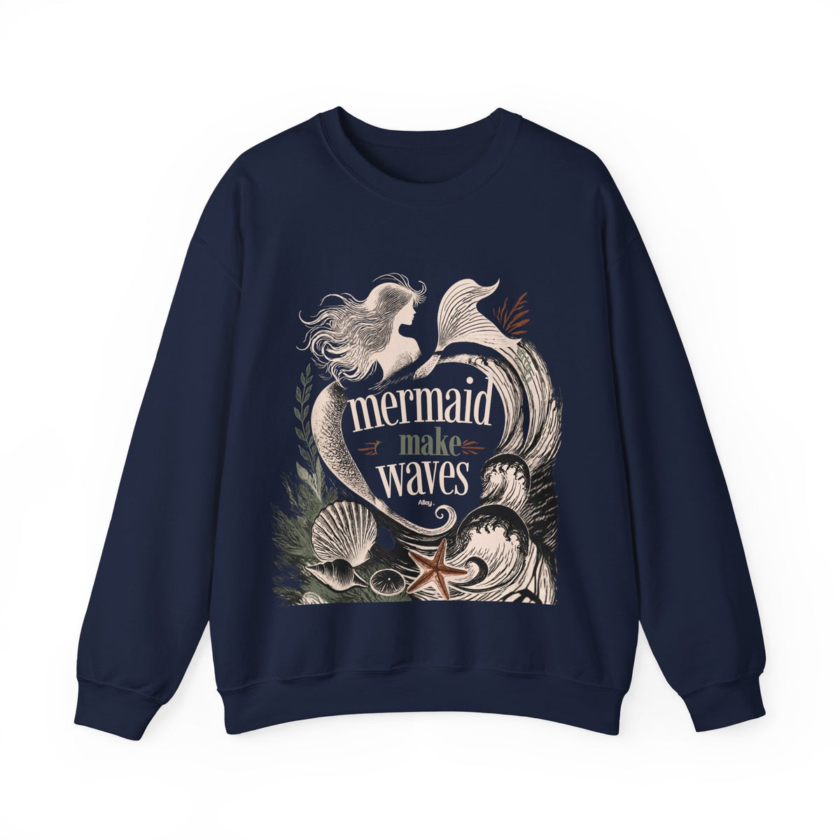 Unisex crewneck sweatshirt in navy with mermaid 'make waves' front graphic