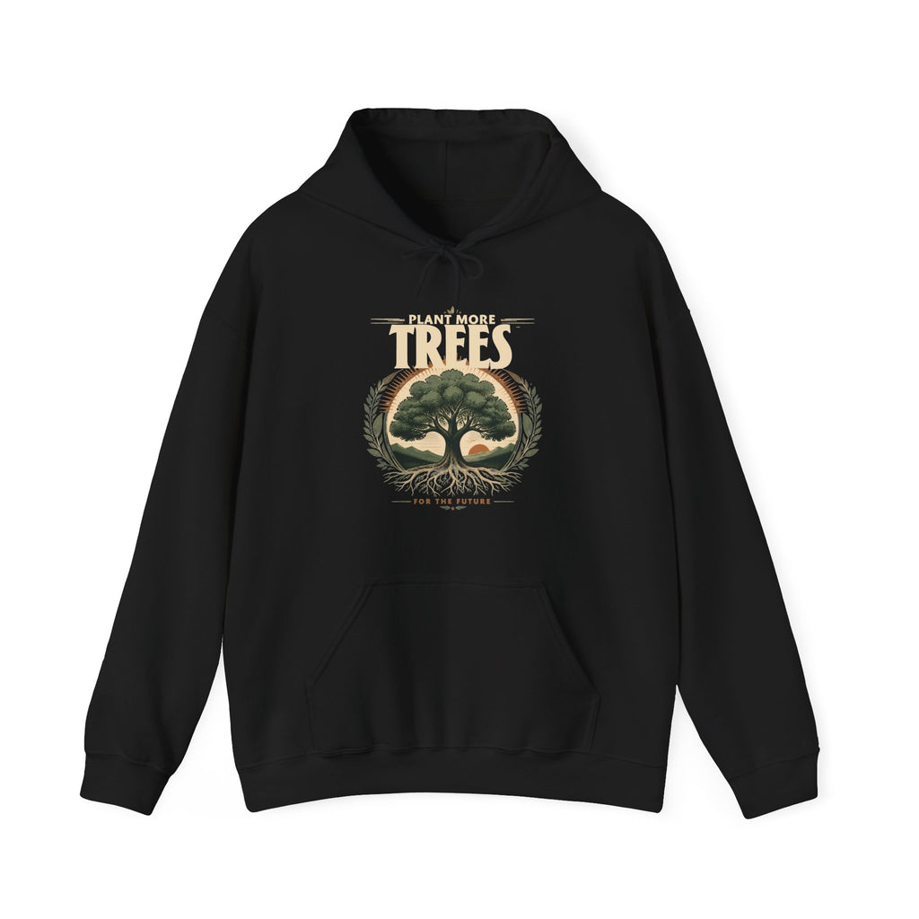 Black unisex pullover hoodie with “Plant More Trees” tree graphic and front pocket